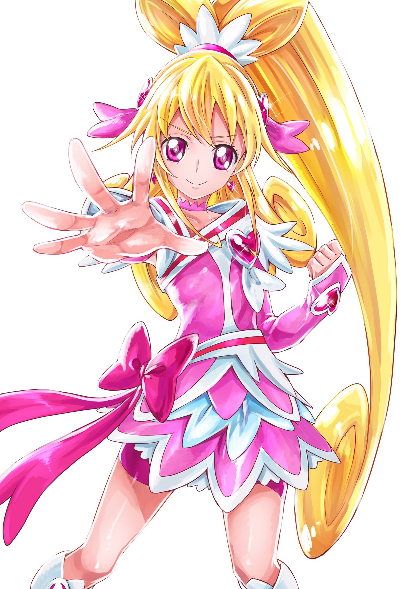 1girl aida_mana arm_warmers asymmetrical_clothes bike_shorts blonde_hair boots cure_heart curly_hair detached_sleeves dokidoki!_precure dress earrings eyelashes hair_ornament half_updo happy heart heart_earrings heart_hair_ornament highres jewelry knee_boots kneehighs long_hair looking_at_viewer magical_girl pink pink_dress pink_eyes pink_ribbon pink_shorts ponytail pose precure ribbon sharumon shorts shorts_under_dress simple_background smile solo standing white_background