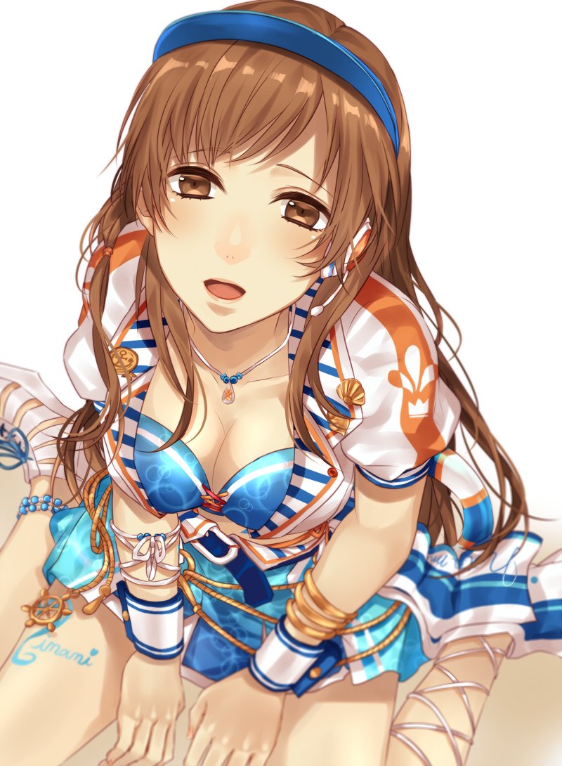 1girl bangle bracelet breasts brown_eyes brown_hair cleavage commentary_request idolmaster idolmaster_cinderella_girls idolmaster_cinderella_girls_starlight_stage jewelry long_hair looking_up mizuki_hau necklace nitta_minami open_mouth sitting solo tattoo visor_cap wariza