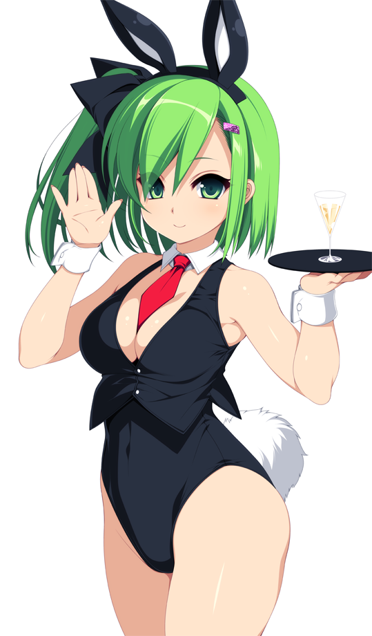 1girl bangs bare_shoulders beatmania beatmania_iidx breasts bunny_tail bunnysuit cleavage cocktail eyebrows_visible_through_hair green_eyes green_hair hair_ornament hairclip holding kinoshita_ichi kitami_erika medium_breasts necktie red_necktie short_hair side_ponytail simple_background sleeveless smile solo tail tray white_background wrist_cuffs