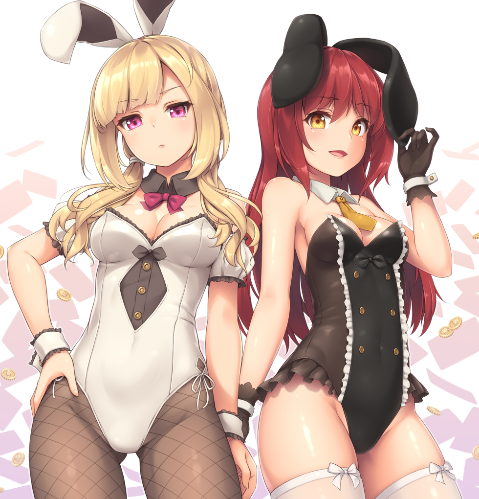 2girls animal_ears arm_at_side bangs bare_shoulders black_gloves black_legwear blonde_hair bow bow_legwear bowtie breasts bunny_girl bunnysuit buttons cleavage commentary_request covered_navel cowboy_shot detached_collar expressionless eyebrows_visible_through_hair fishnet_pantyhose fishnets gloves gluteal_fold hair_over_shoulder leotard long_hair looking_at_viewer medium_breasts multiple_girls necktie original pantyhose pink_eyes rabbit_ears red_bow red_bowtie red_eyes sand-rain sasaame thigh-highs white_legwear wrist_cuffs yellow_eyes yellow_necktie