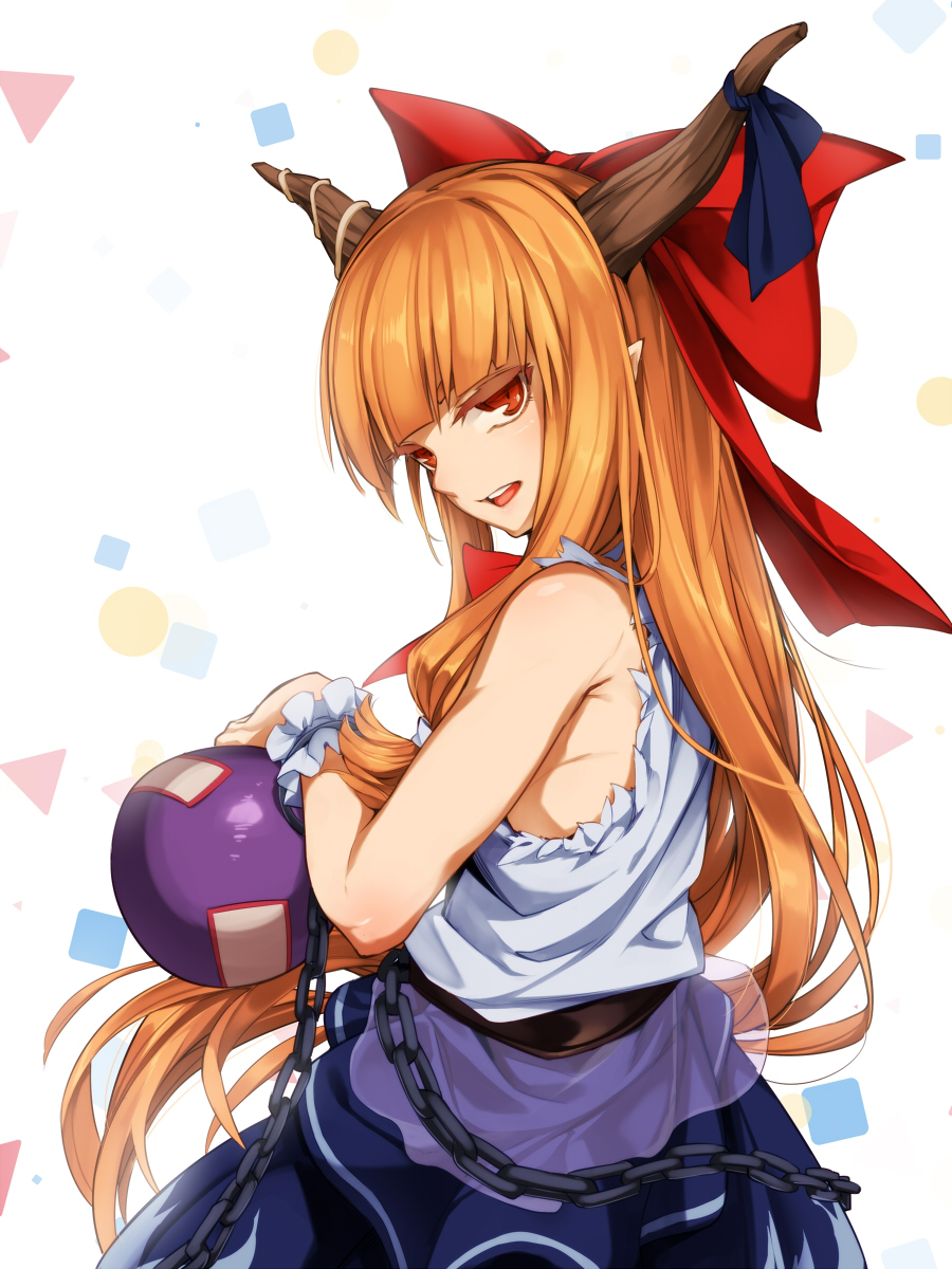 1girl asu_tora bare_shoulders belt blue_skirt bow bowtie chains cuffs from_behind gourd hair_bow half-closed_eyes highres horn_ribbon horns ibuki_suika long_hair looking_at_viewer looking_back open_mouth orange_eyes orange_hair pointy_ears red_bow red_bowtie ribbon shackles shirt skirt sleeveless solo torn_clothes torn_sleeves touhou upper_body very_long_hair white_background white_shirt wrist_cuffs