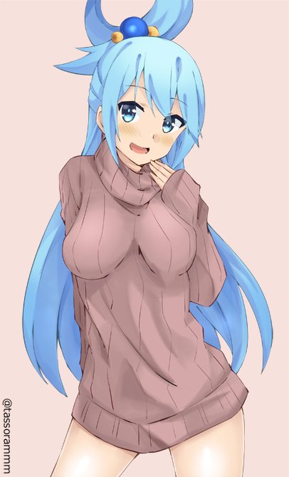 1girl aqua_(konosuba) blue_eyes blue_hair blush breasts kono_subarashii_sekai_ni_shukufuku_wo! long_hair looking_at_viewer open_mouth smile solo standing sweater turtleneck turtleneck_sweater