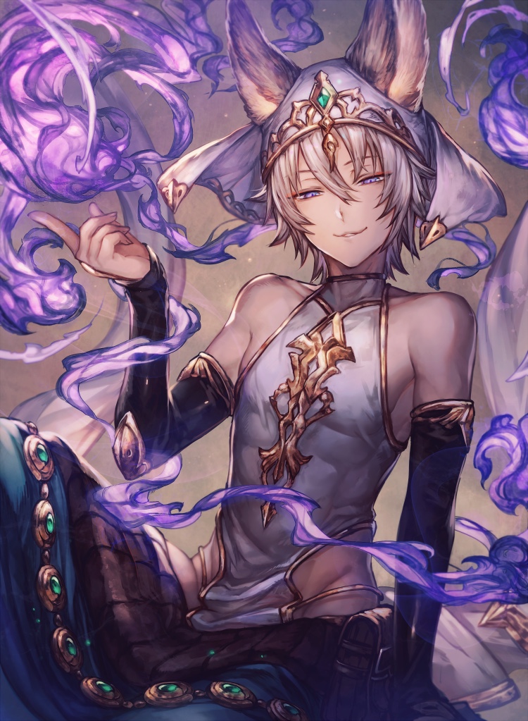 1boy :3 animal_ears bare_shoulders blue_eyes detached_sleeves erun_(granblue_fantasy) granblue_fantasy halterneck male_focus parted_lips shigaraki_(strobe_blue) sleeveless smile smoke solo white_hair xiao_(granblue_fantasy)