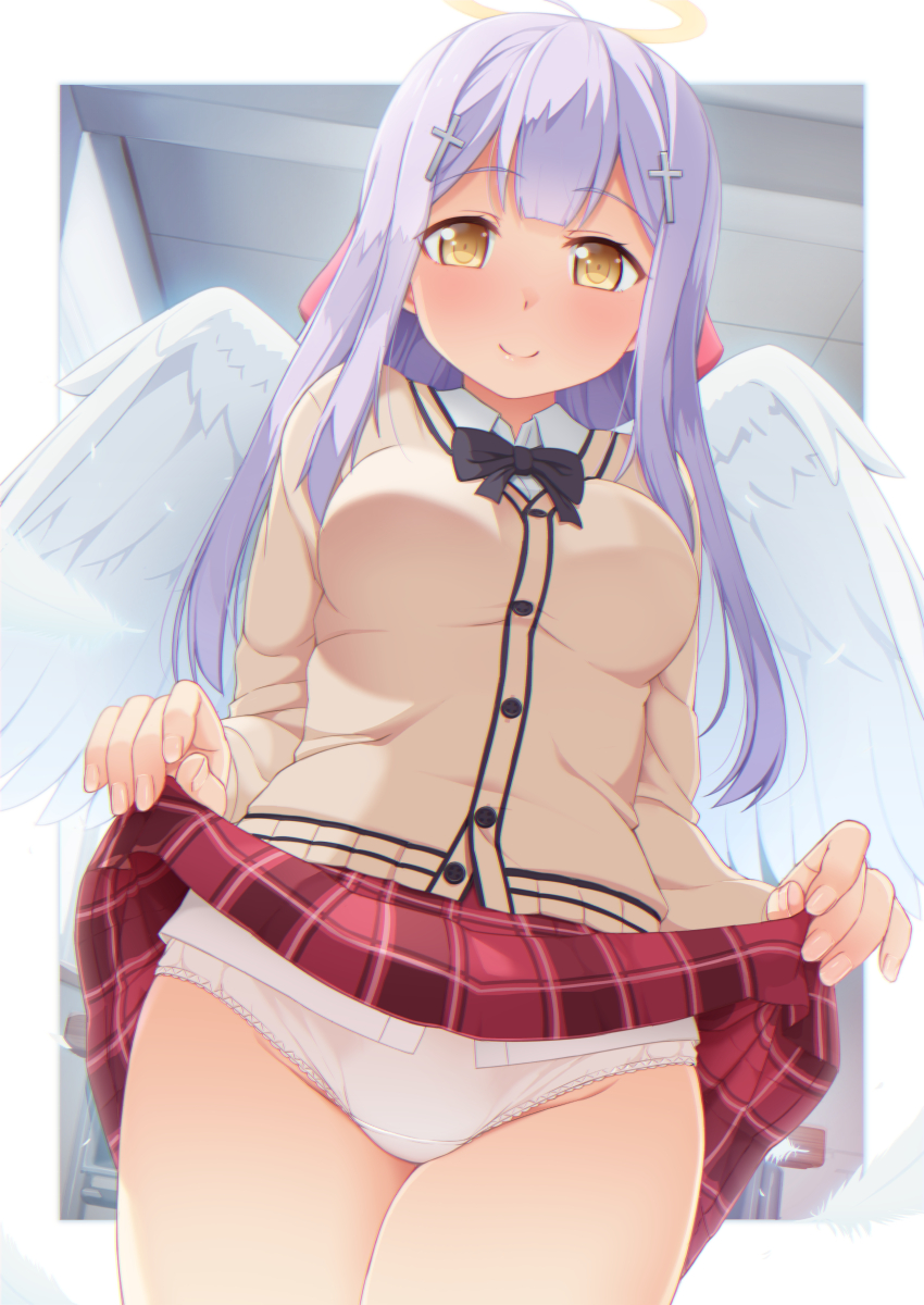 1girl ahoge angel_wings black_bow black_bowtie blush bow bowtie breasts cardigan commentary_request cowboy_shot cross_hair_ornament gabriel_dropout hair_ornament halo highres lifted_by_self long_hair long_sleeves looking_at_viewer miniskirt panties pleated_skirt purple_hair school_uniform shiraha_raphiel_ainsworth skirt skirt_lift smile solo tachimi_(basue) underwear white_panties wings yellow_eyes