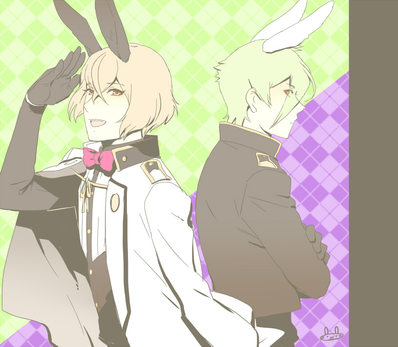 2boys animal_ears argyle argyle_background black_gloves blonde_hair bow bowtie crossed_arms eyes_visible_through_hair gloves green_hair higekiri_(touken_ranbu) hizamaru_(touken_ranbu) jacket_on_shoulders male_focus mizuhara_aki multiple_boys open_mouth rabbit_ears salute smile touken_ranbu yellow_eyes