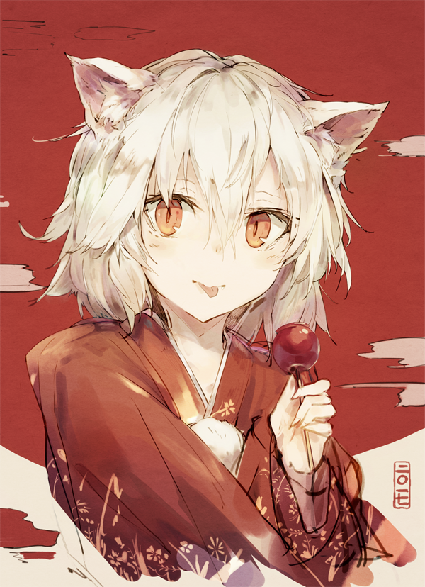 1girl 2017 :p animal_ears candy_apple closed_mouth clouds commentary_request floral_print food hair_between_eyes hand_up holding holding_food inubashiri_momiji japanese_clothes kashii_(amoranorem) kimono long_sleeves looking_at_viewer orange_eyes print_kimono red_kimono red_sun short_hair slit_pupils solo tongue tongue_out touhou upper_body white_hair wolf_ears yukata