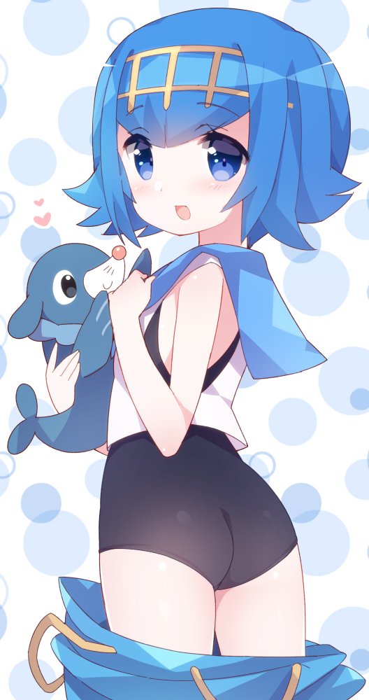 1girl ass blush eyebrows_visible_through_hair from_behind hair_between_eyes hair_ornament hand_on_own_chest heart hug looking_at_viewer looking_back open_mouth pants_down pokemon pokemon_(game) pokemon_sm popplio short_hair simple_background sleeveless smile solo suiren_(pokemon) swimsuit swimsuit_under_clothes thighs trial_captain watanohara white_background