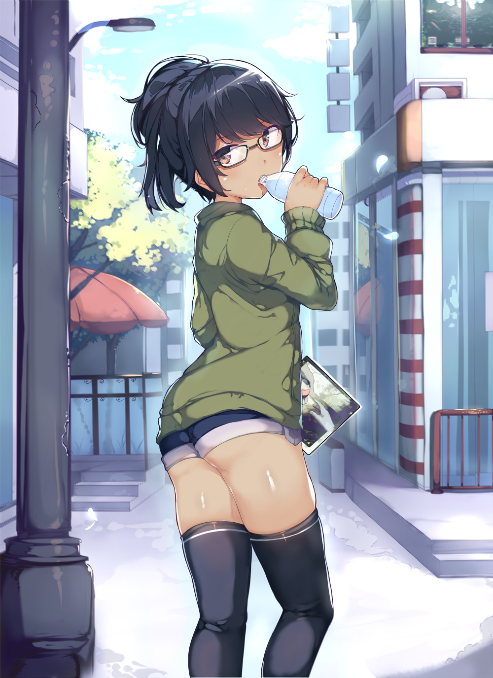 1girl ass bangs black-framed_eyewear black_hair black_legwear blue_sky bottle brown_eyes cd_case city clouds cloudy_sky day deru06 drinking eyebrows_visible_through_hair glasses highres holding holding_bottle lamppost looking_at_viewer looking_back original outdoors ponytail shiny shiny_skin short_shorts shorts sky solo stairs sweater swept_bangs tan thigh-highs thighs water_bottle