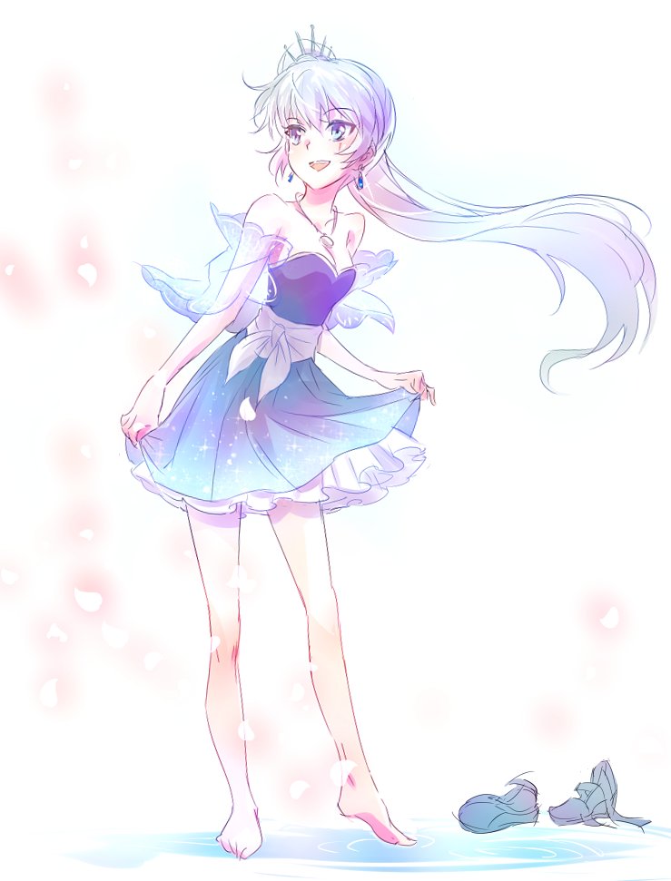 1girl barefoot blue_dress blue_eyes breasts cleavage commentary dress eye_scar hair_ornament high_heels holding_skirt iesupa jewelry necklace ponytail rwby shoes_removed sleeveless sleeveless_dress smile solo sparkle weiss_schnee white_hair