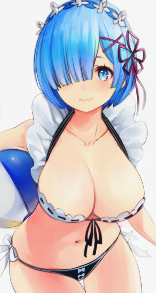 1girl ball bikini black_bikini blue_eyes blue_hair blush breasts collarbone front-tie_top goshiki_suzu hair_ornament hair_over_one_eye large_breasts looking_at_viewer maid_bikini maid_headdress navel re:zero_kara_hajimeru_isekai_seikatsu rem_(re:zero) short_hair side-tie_bikini simple_background smile solo swimsuit white_background x_hair_ornament