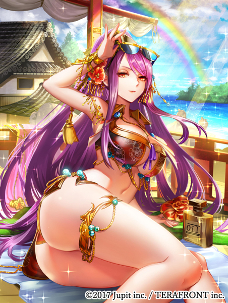 1girl 2017 ass bikini breasts cleavage company_name large_breasts long_hair looking_at_viewer official_art ojyou original purple_hair rainbow red_eyes sitting solo sunglasses swimsuit thighlet