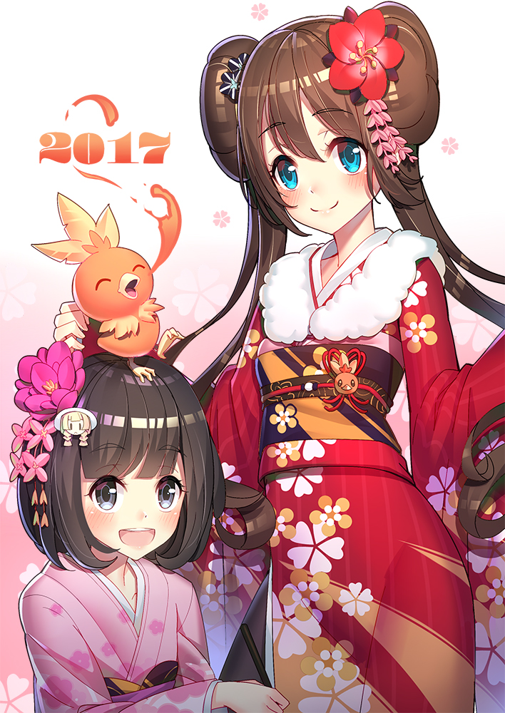 2017 2girls ^_^ alternate_costume animal animal_on_head bangs blush brown_hair character_pin closed_eyes closed_mouth commentary double_bun eyebrows_visible_through_hair female_protagonist_(pokemon_sm) floral_background floral_print flower fur_collar furisode gradient gradient_background hair_between_eyes hair_flower hair_ornament happy_new_year japanese_clothes kanzashi kimono long_hair long_sleeves looking_at_viewer mei_(pokemon) multiple_girls nengajou new_year obi on_head open_mouth pantyhose pink_background pink_kimono pokemon pokemon_(creature) pokemon_(game) pokemon_sm red_flower red_kimono ririko_(zhuoyandesailaer) sash short_hair smile teeth torchic twintails white_background wide_sleeves year_of_the_rooster