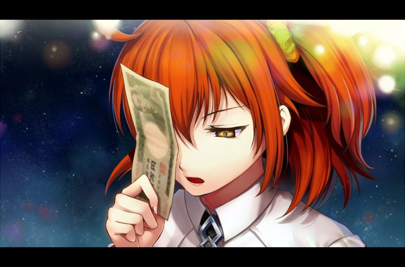 &gt;:o 1girl :o ahoge collared_shirt fate/grand_order fate_(series) fujimaru_ritsuka_(female) fukuzawa_yukichi hair_between_eyes half-closed_eyes holding money money_hold munakata open_mouth orange_hair shirt side_ponytail solo yellow_eyes yen