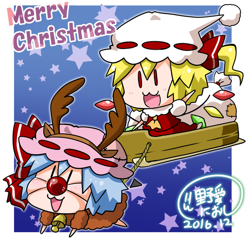 2girls :3 animal_costume antlers arm_up ascot bag bat_wings bell blue_hair blush bow chibi christmas commentary_request crystal dated detached_wings english flandre_scarlet full_body gradient gradient_background hat hat_bow merry_christmas mob_cap multiple_girls noai_nioshi open_mouth pink_hat puffy_short_sleeves puffy_sleeves red_bow red_eyes red_skirt red_vest reindeer_costume remilia_scarlet ribbon-trimmed_clothes ribbon_trim short_hair short_sleeves siblings side_ponytail signature sisters skirt skirt_set sleigh star touhou vest white_hat wings |_|