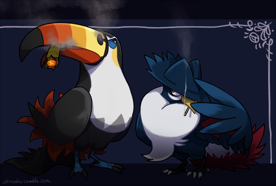 black_feathers cigar cigarette honchkrow pokemon pokemon_(game) pokemon_sm red_feathers seen_yoko toucannon