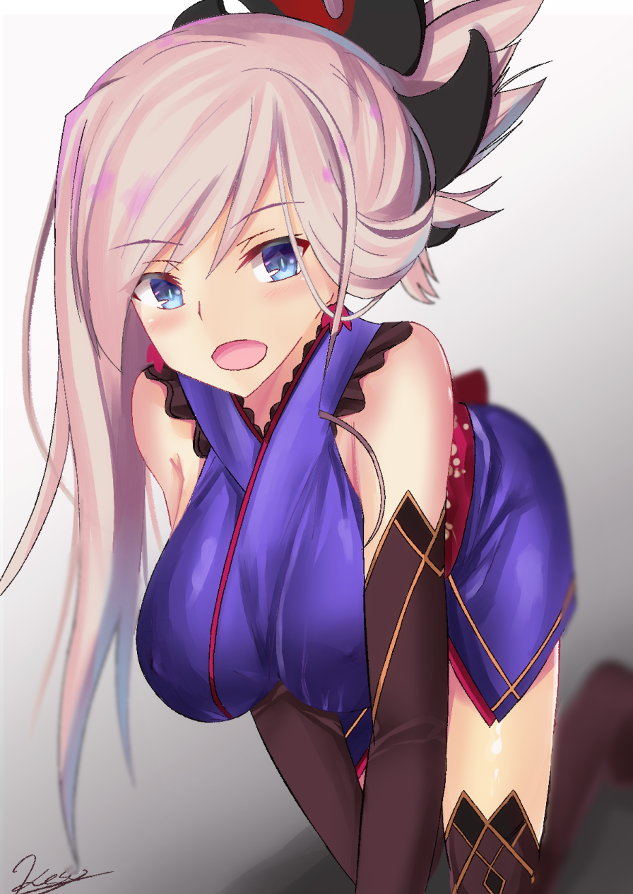 1girl :d all_fours artist_name bare_shoulders blue_eyes blurry blush breasts depth_of_field erect_nipples fate/grand_order fate_(series) folded_ponytail hanging_breasts highres kesoshirou large_breasts looking_at_viewer miyamoto_musashi_(fate/grand_order) open_mouth pink_hair smile solo thigh-highs