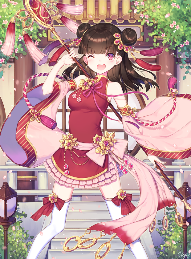 1girl ;d bare_shoulders black_hair blush bow brown_hair bun_cover china_dress chinese_clothes detached_sleeves double_bun dress frilled_dress frills hair_bun hair_ornament high_collar jewelry long_hair looking_at_viewer natsu_(759aqsw) nontraditional_miko one_eye_closed open_mouth original outdoors pink_eyes ribbon sash shrine side_slit smile staff thigh-highs wide_sleeves