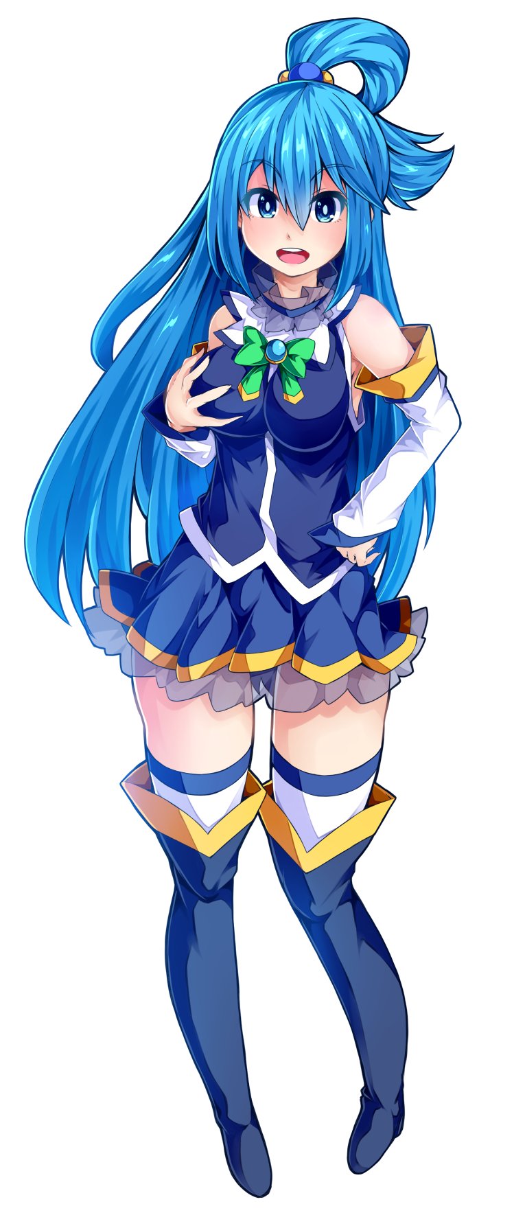 1girl aqua_(konosuba) bare_shoulders blue_eyes blue_hair boots bow bowtie breasts detached_sleeves full_body hair_ornament hair_rings highres ishimu kono_subarashii_sekai_ni_shukufuku_wo! long_hair looking_at_viewer open_mouth skirt smile solo thigh-highs very_long_hair