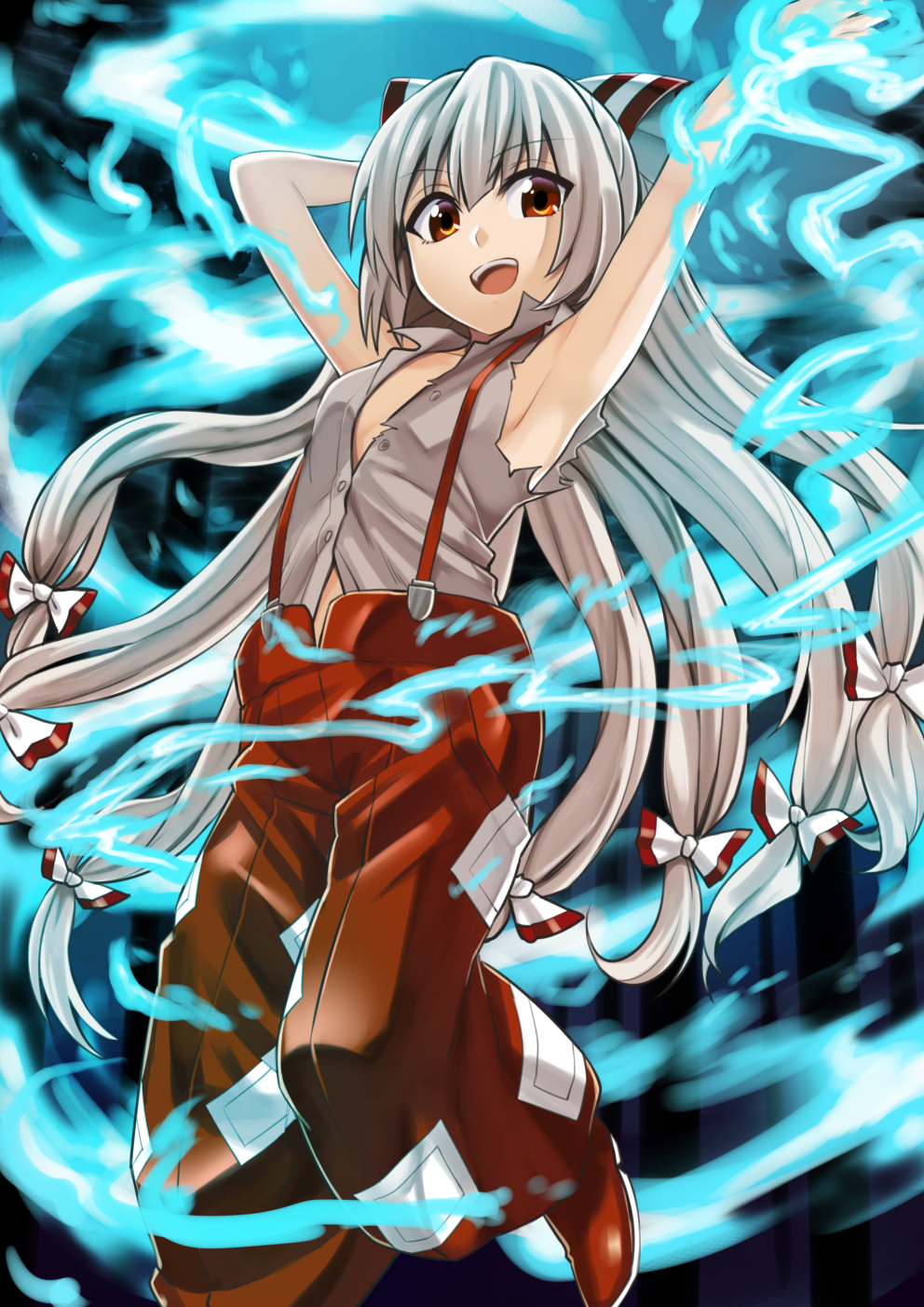 &gt;:d 1girl :d abe_ranzu armpits arms_up baggy_pants bangs blue_fire bow breasts brown_eyes dress_shirt fire from_above fujiwara_no_mokou hair_bow highres long_hair looking_at_viewer looking_down ofuda open_mouth pants red_pants red_shoes shirt shoes silver_hair small_breasts smile solo suspenders torn_clothes torn_shirt touhou very_long_hair white_shirt