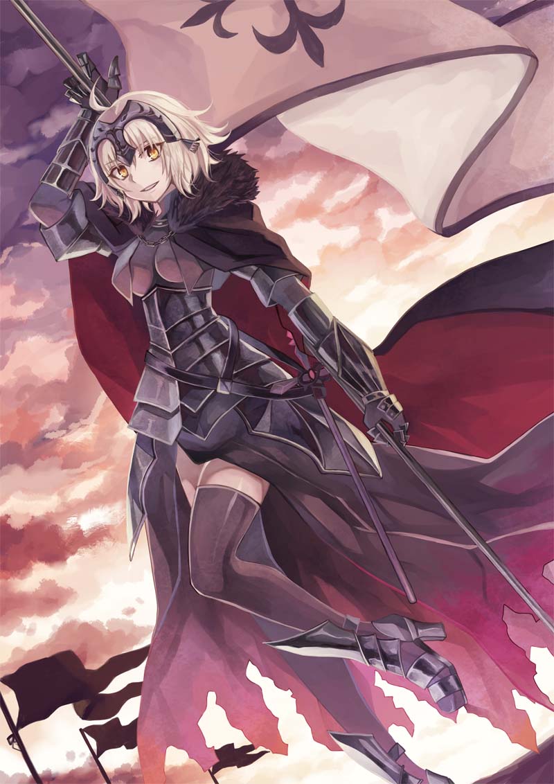 1girl ahoge armor armored_boots armored_dress bangs black_legwear boots cape dutch_angle fate/grand_order fate_(series) flag fur gauntlets headpiece jeanne_alter looking_at_viewer miyakure parted_lips ruler_(fate/apocrypha) short_hair smile solo thigh-highs white_hair yellow_eyes