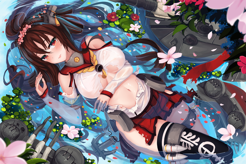 1girl anchor black_legwear blush breasts brown_hair detached_sleeves flower kantai_collection lying_on_water machinery navel ponytail red_eyes sekigan shirt single_thighhigh skirt solo thigh-highs torn_clothes torn_shirt turret yamato_(kantai_collection)