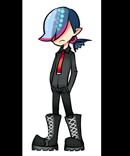 1boy black_boots black_pants black_shirt blue_hair boots cross-laced_footwear fish_tail hair_over_eyes ishukandaru kirimi_(splatoon) lace-up_boots male_focus necktie pants pillarboxed pointy_ears ponytail red_necktie scales shirt solo splatoon