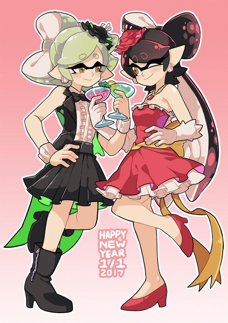 +_+ 2017 2girls aori_(splatoon) black_boots black_hair black_hat black_jacket black_skirt boots bow bowtie brown_eyes closed_mouth coattails commentary cousins cup dated domino_mask dress dress_shirt drinking_glass formal gloves gradient gradient_background grey_hair hand_on_hip happy_new_year hat holding hotaru_(splatoon) jacket jewelry leg_up locked_arms long_hair looking_at_another mask mini_hat mole mole_under_eye multiple_girls necklace new_year one_eye_closed pink_background pink_dress pink_hat pink_shoes shirt shoes short_hair skirt sleeveless smile splatoon standing standing_on_one_leg strapless strapless_dress tentacle_hair white_gloves white_shirt wine_glass wong_ying_chee wrist_cuffs zipper
