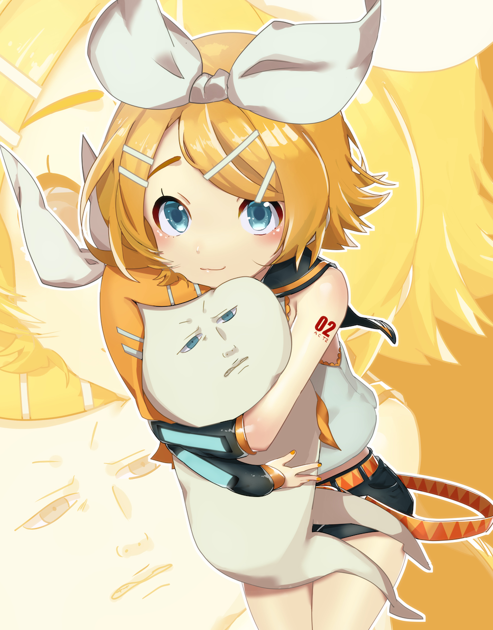 1girl :3 arm_tattoo blonde_hair blue_eyes bow detached_sleeves expressions frown gumi hair_bow hair_ornament hair_ribbon hairclip happy headphones headset highres holding hug kagamine_rin looking_at_viewer looking_up nail_polish ribbon rin_no_youchuu sailor_collar sawachi sawashi serious shorts smile tattoo thighs vocaloid yellow_nails