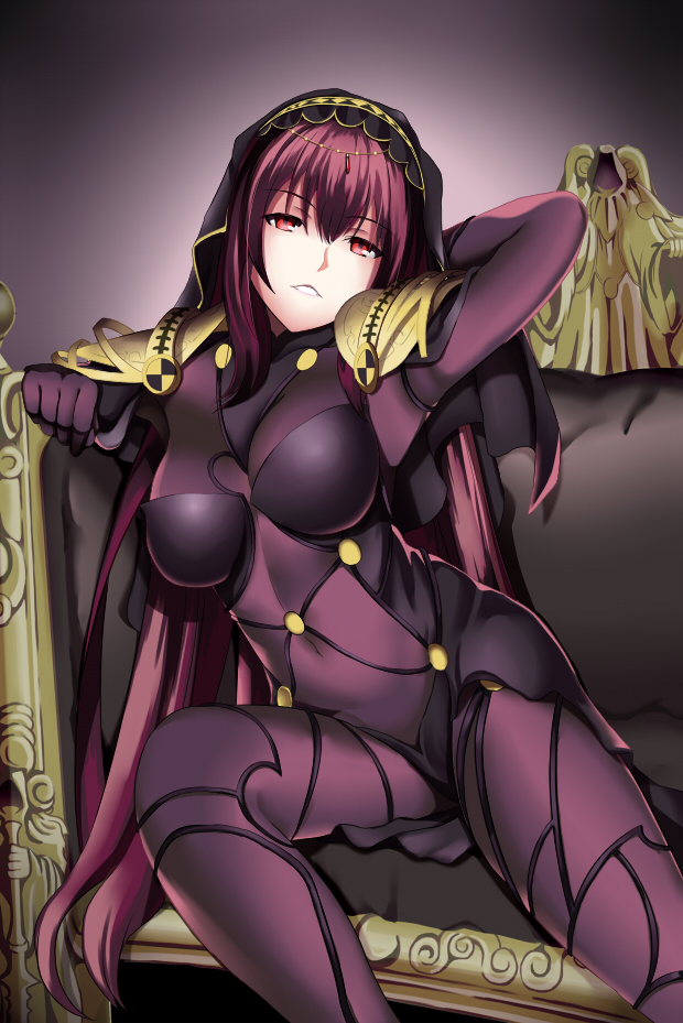 1girl bodysuit breasts covered_navel fate/grand_order fate_(series) large_breasts long_hair looking_at_viewer love-saber navel pauldrons purple_bodysuit purple_hair red_eyes scathach_(fate/grand_order) solo very_long_hair