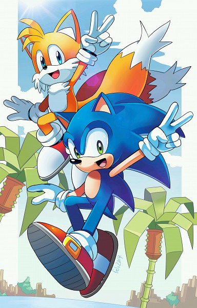2boys artist_request background blue_eyes blue_sky clouds friends green_eyes miles_prower multiple_boys palm_tree sky smile sonic sonic_the_hedgehog sunlight tree v