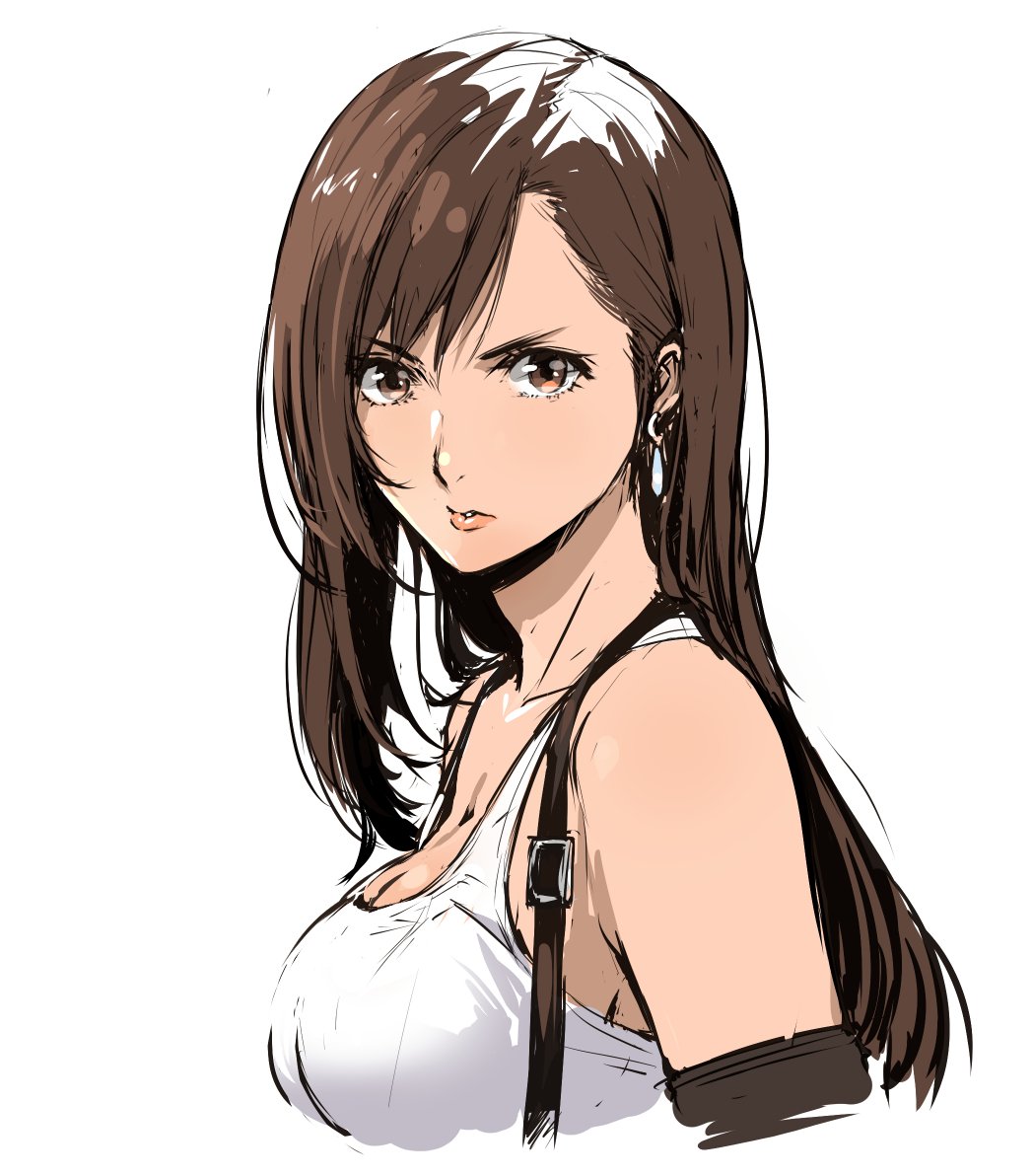 1girl breasts brown_hair cleavage collarbone earrings enami_katsumi final_fantasy final_fantasy_vii jewelry solo suspenders tifa_lockhart