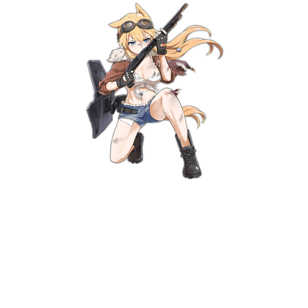 1girl armor artist_request blonde_hair blue_eyes blush breasts cleavage fingerless_gloves girls_frontline gloves goggles gun jacket long_hair mossberg_500 mossberg_500_(girls_frontline) official_art open_mouth pump_action shirt shorts shotgun tied_shirt torn_clothes torn_shirt transparent_background weapon