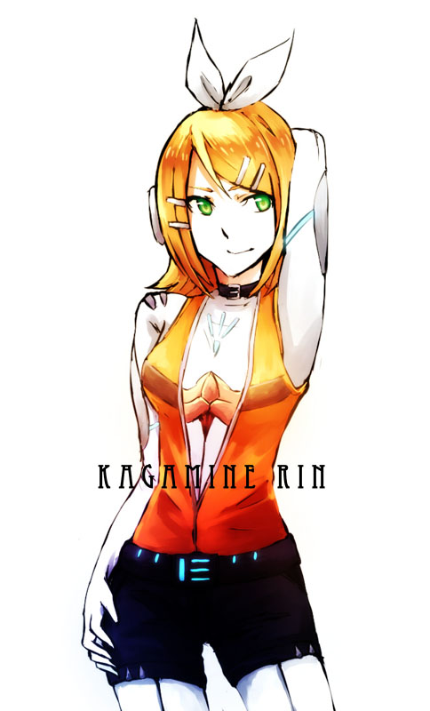 1girl arm_behind_head blonde_hair breasts character_name green_eyes hair_ribbon hand_on_thigh kagamine_rin looking_to_the_side medium_breasts reking ribbon short_hair shorts sketch solo vocaloid white_background white_ribbon