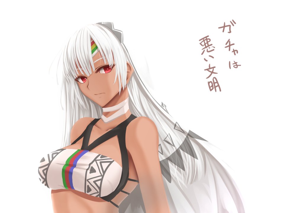 &gt;:( 1girl altera_(fate) bangs bare_shoulders breasts closed_mouth collarbone commentary_request dark_skin fate/extella fate/extra fate/grand_order fate_(series) from_side long_hair looking_at_viewer looking_to_the_side medium_breasts red_eyes serious shuugetsu_karasu solo translated upper_body veil white_hair