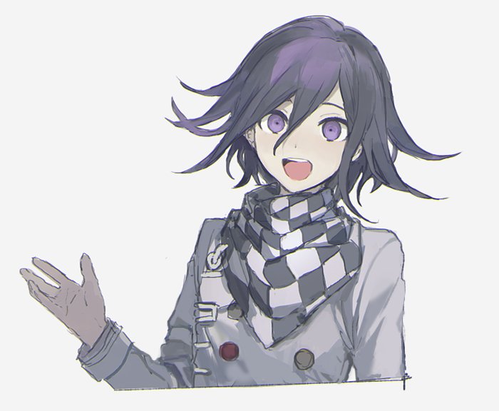 1boy akira_hou checkered_scarf dangan_ronpa flipped_hair grey_background male_focus new_dangan_ronpa_v3 ouma_kokichi purple_hair scarf short_hair simple_background smile solo upper_body violet_eyes