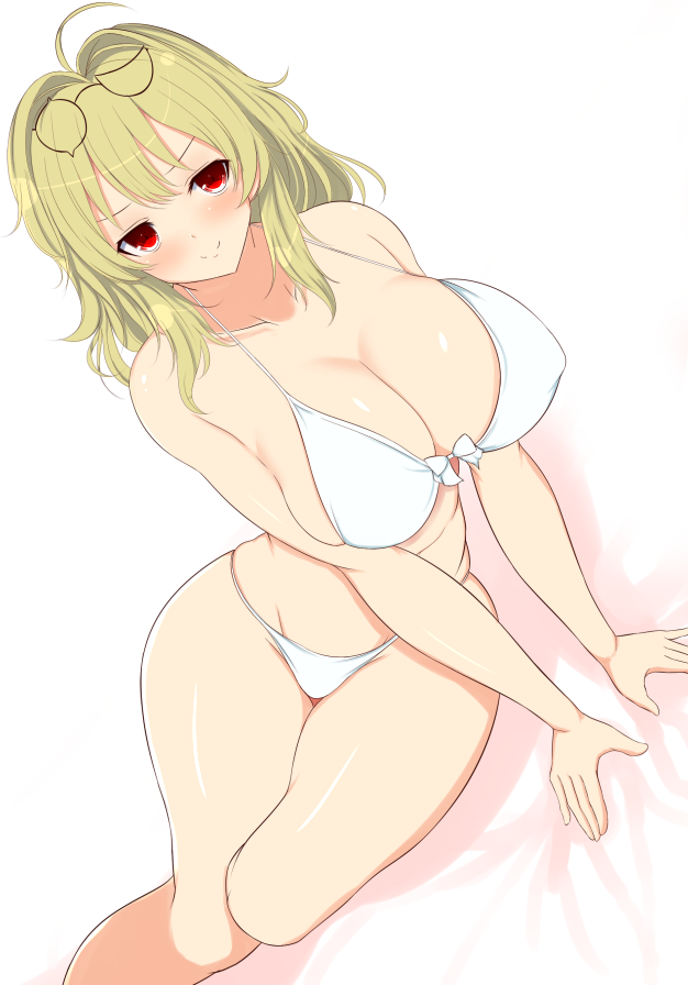 &gt;:) 1girl ahoge bangs bare_arms bare_legs bare_shoulders bikini blonde_hair blush breasts cleavage closed_mouth collarbone curvy dutch_angle glasses_on_head groin hair_between_eyes large_breasts long_hair looking_at_viewer noeomi red_eyes senran_kagura senran_kagura_(series) senran_kagura_shinovi_versus shiki_(senran_kagura) smile solo swimsuit v_arms white_bikini