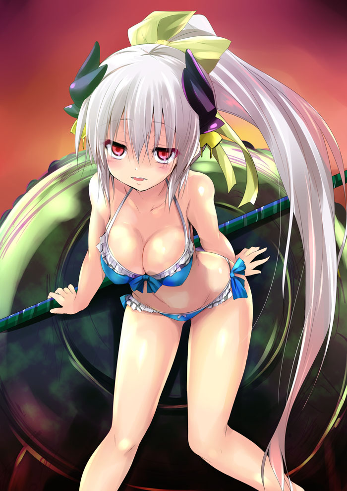1girl bell bikini blush bow breasts cleavage fate/grand_order fate_(series) hair_bow horns kiyohime_(fate/grand_order) kiyohime_(swimsuit_lancer)_(fate) large_breasts long_hair open_mouth polearm ponytail red_eyes sen_(astronomy) silver_hair sitting solo spear swimsuit very_long_hair weapon