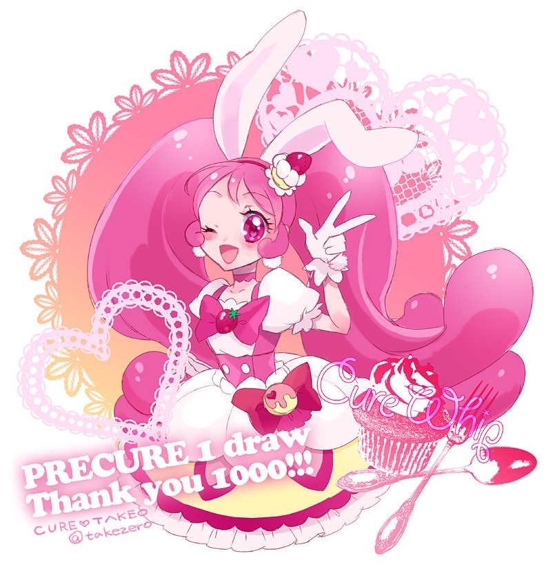 1girl ;d animal_ears artist_name blush bow cake_hair_ornament cowboy_shot cure_whip earrings extra_ears food food_themed_hair_ornament fruit gloves hagihara_takeo hair_ornament heart heart-shaped_pupils jewelry kirakira_precure_a_la_mode long_hair looking_at_viewer macaron magical_girl one_eye_closed open_mouth pink_bow pink_hair precure rabbit_ears smile solo strawberry symbol-shaped_pupils text twintails twitter_username usami_ichika v white_gloves