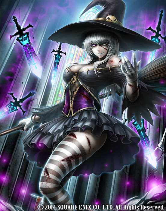 1girl bangs bare_shoulders black_dress breasts broom cleavage closed_mouth corset cuts deadman's_cross dress hat heterochromia injury layered_dress long_hair long_sleeves looking_at_viewer medium_breasts misawa_kei off-shoulder_dress off_shoulder official_art pink_eyes short_dress sidelocks silver_hair smile solo striped striped_legwear sword thigh-highs undead watermark weapon wide_sleeves witch_hat yellow_eyes