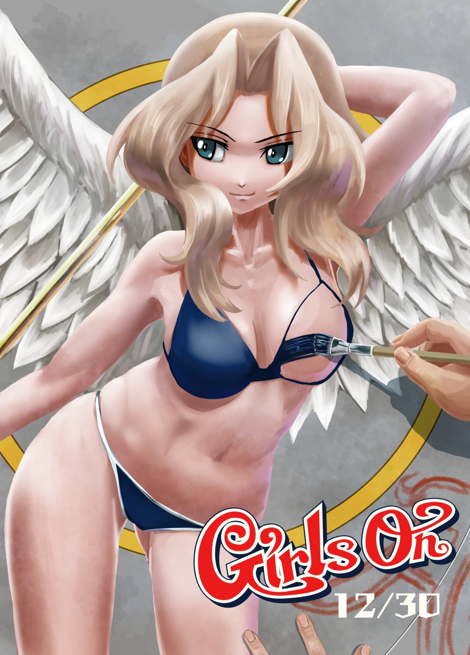 1girl abazu-red angel_wings artist_self-insert bikini blonde_hair blue_bikini blue_eyes breasts calligraphy_brush closed_mouth contrapposto cowboy_shot cursive dated english girls_und_panzer hair_intakes highres holding kay_(girls_und_panzer) light_smile long_hair looking_to_the_side medium_breasts meta out_of_frame paintbrush painting staff standing swimsuit white_wings wings
