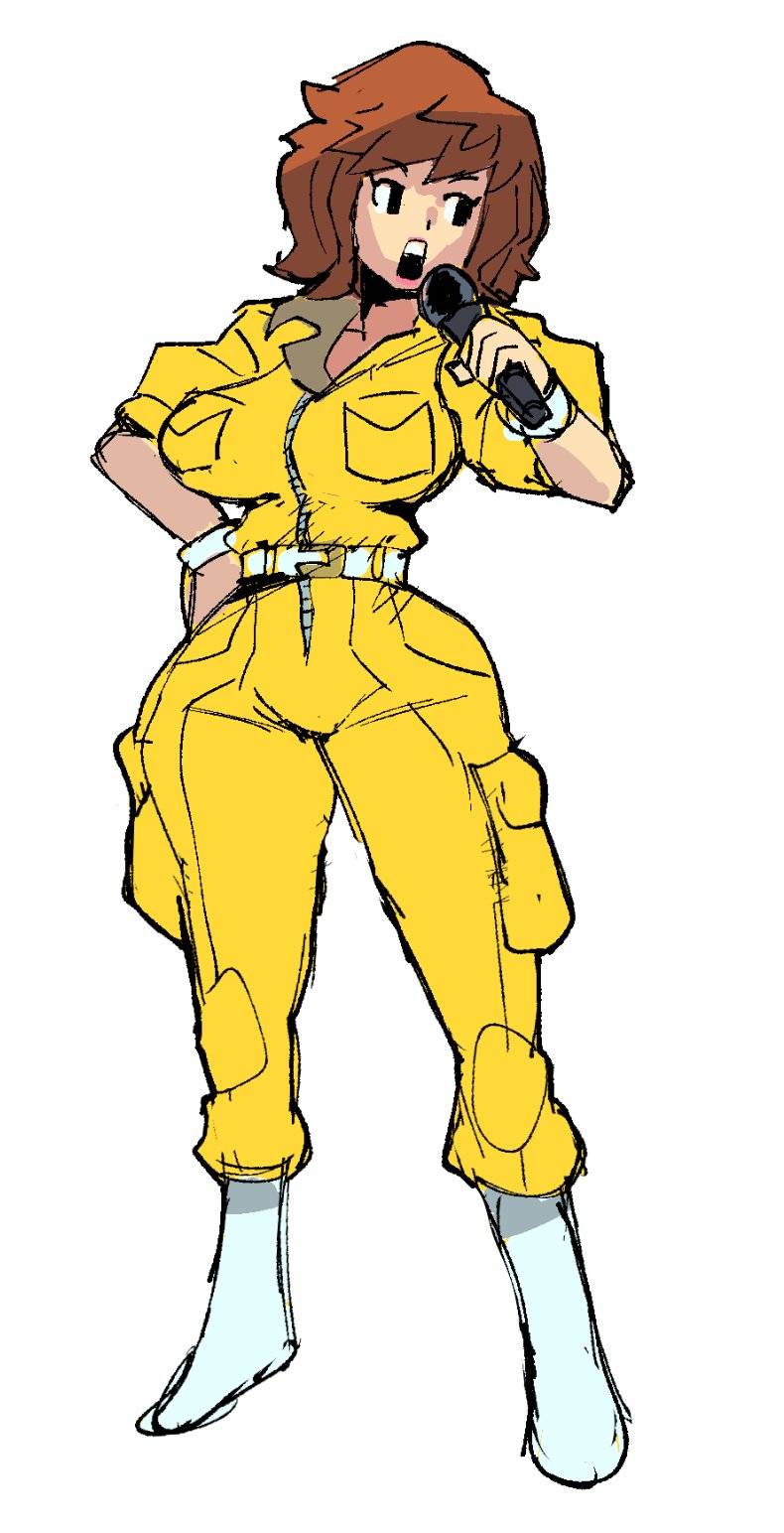 1girl april_o'neil bob_cut breasts dreaminerryday highres jumpsuit large_breasts microphone simple_background teenage_mutant_ninja_turtles white_footwear wide_hips yellow_jumpsuit