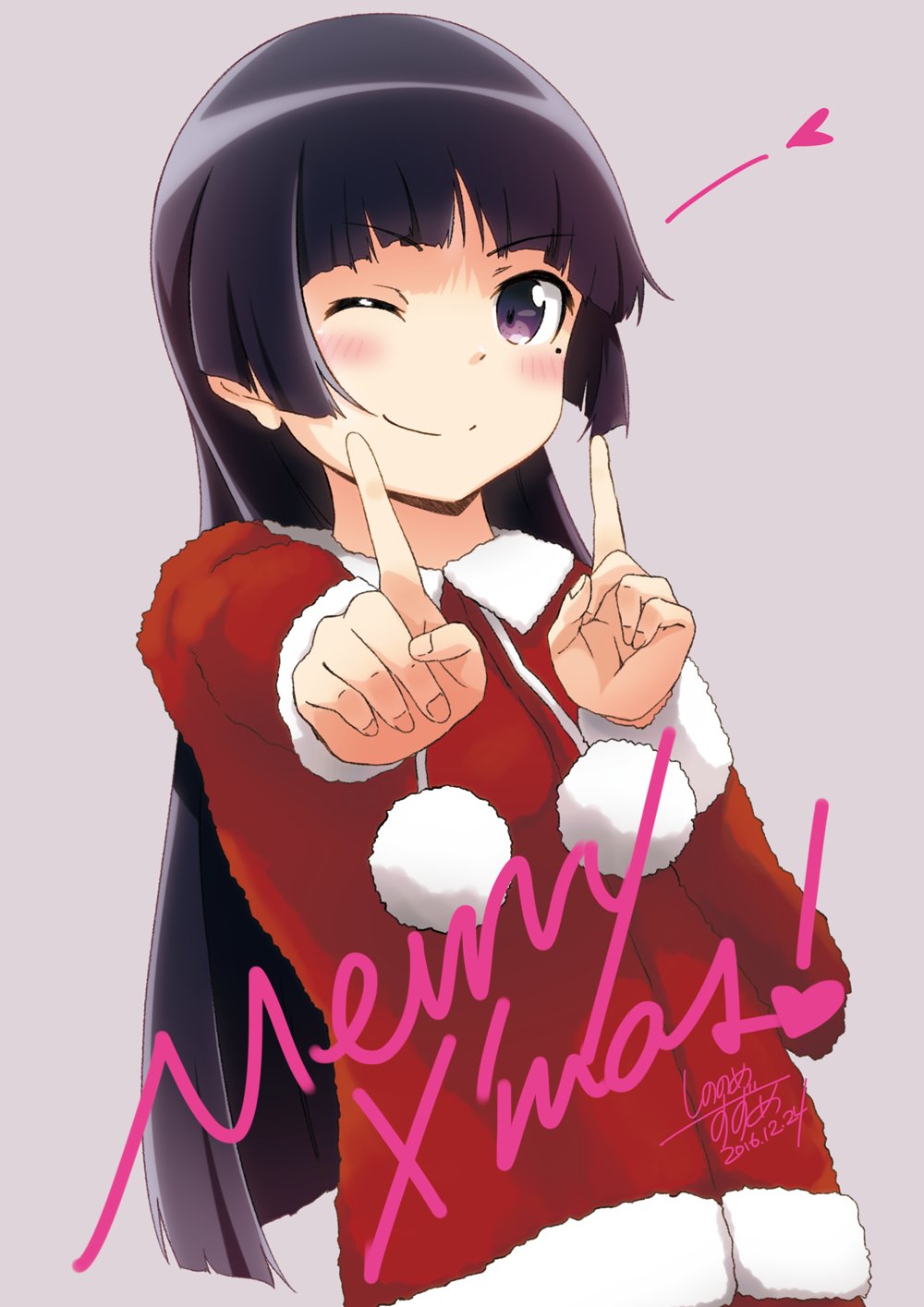 1girl 2016 black_hair dated dress fur_trim gokou_ruri highres hime_cut index_finger_raised koi_dance long_hair looking_at_viewer merry_christmas mole mole_under_eye one_eye_closed ore_no_imouto_ga_konna_ni_kawaii_wake_ga_nai red_dress signature smile solo suzumeko upper_body violet_eyes