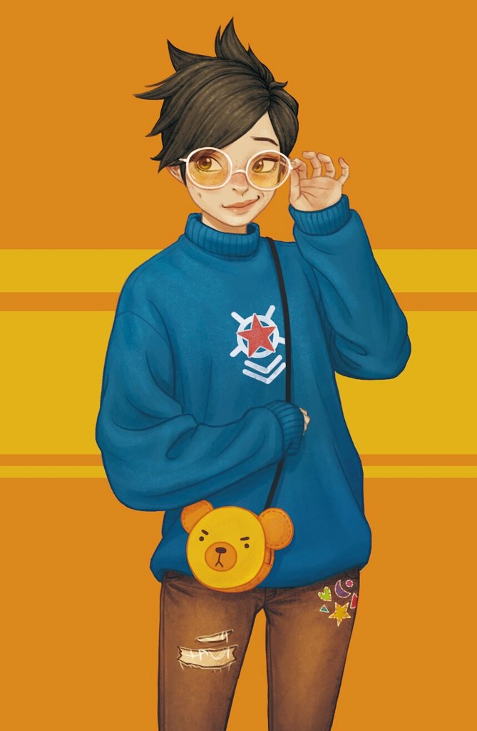1girl bag bangs blue_sweater brown_eyes brown_hair brown_pants freckles hand_on_glasses hand_up long_sleeves military_rank_insignia overwatch pants ribbed_sweater short_hair shoulder_bag sleeves_past_wrists smile solo spiky_hair sunglasses sweater swept_bangs torn_clothes torn_pants tracer_(overwatch)
