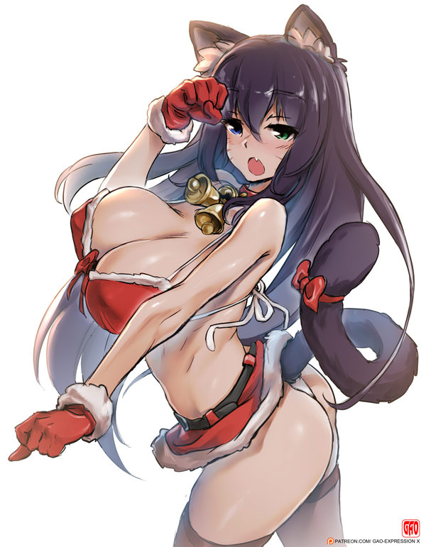 1girl animal_ears ass bangs bare_shoulders bell bell_choker bikini_top black_hair blue_eyes bow breasts cat_ears cat_tail choker cleavage cowboy_shot erect_nipples fang from_side fur_trim gao-lukchup gloves green_eyes hair_between_eyes heterochromia large_breasts long_hair looking_at_viewer looking_to_the_side microskirt open_mouth original panties red_bow red_gloves red_skirt santa_costume skirt solo tail tail_bow underwear whisker_markings white_panties