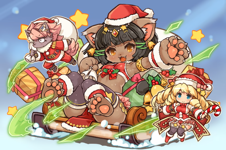 1boy 2girls animal_ears aqua_eyes armlet bastet_(fullbokko_heroes) bell black_hair blonde_hair box candy candy_cane cat_ears cat_tail claws drill_hair earrings eyebrows_visible_through_hair fang food fullbokko_heroes furry gift gift_box hat holding jewelry jingle_bell long_hair mistletoe multiple_girls official_art open_mouth orange_eyes outstretched_arm paws pelvic_curtain santa_costume santa_hat shigatake short_hair sitting sled smile snow star sweat tail thick_eyebrows thigh-highs toeless_legwear