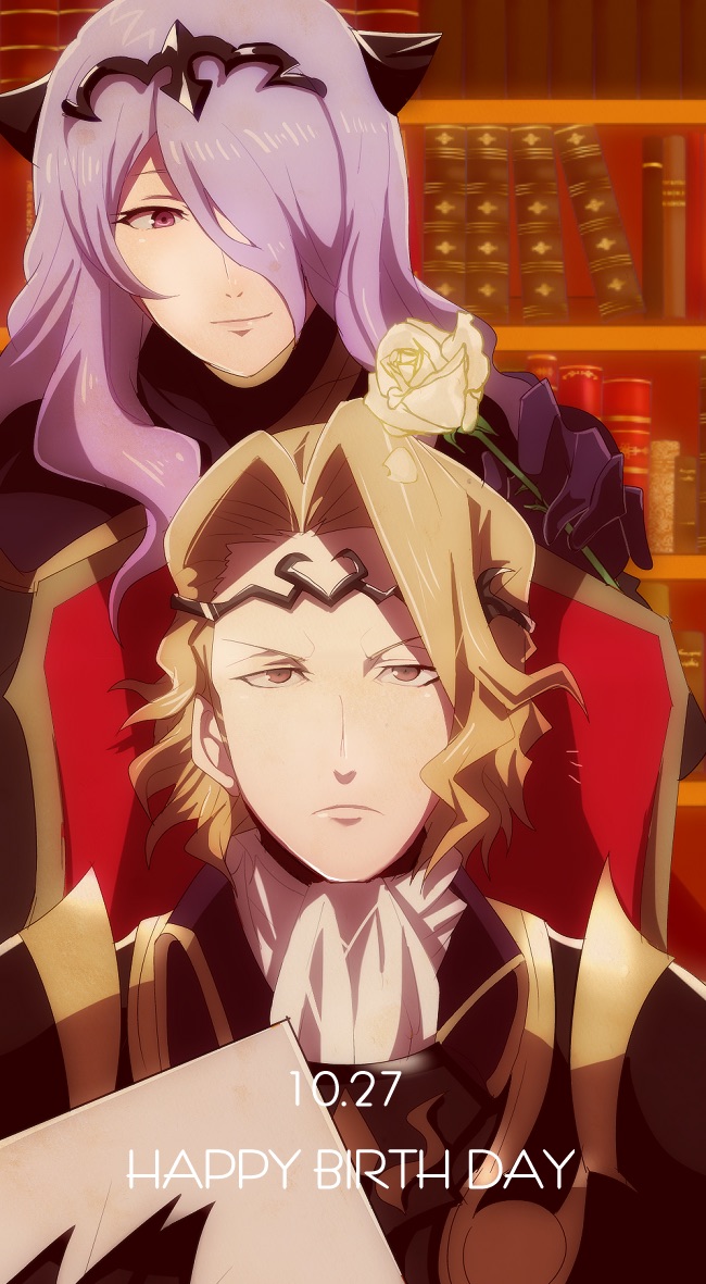 1boy 1girl blonde_hair bookshelf c.c.r_(ccrgaoooo) camilla_(fire_emblem_if) choker fire_emblem fire_emblem_if flower frown hair_flower hair_ornament long_hair marx_(fire_emblem_if) purple_hair smile tiara