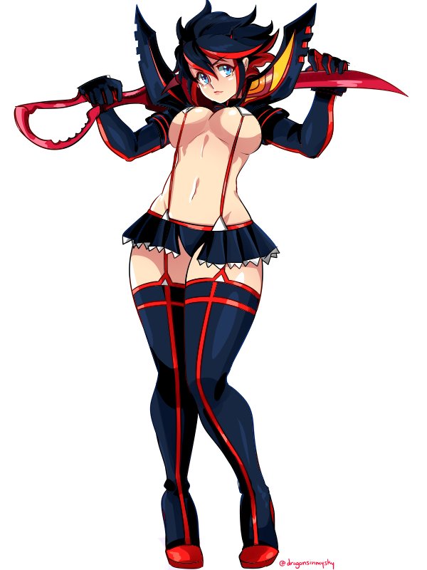 1girl black_hair boots breasts d-ryuu full_body kill_la_kill knees_together_feet_apart large_breasts matoi_ryuuko microskirt midriff multicolored_hair navel over_shoulder redhead revealing_clothes scissor_blade senketsu short_hair skirt solo streaked_hair suspenders thigh-highs thigh_boots two-tone_hair under_boob weapon weapon_over_shoulder zettai_ryouiki