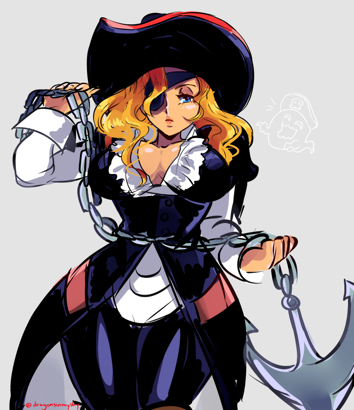 1girl anchor black_legwear blonde_hair blue_eyes breasts chains cleavage coattails d-ryuu eyepatch hat large_breasts lips long_hair marvel_vs._capcom marvel_vs._capcom_2 no_bra pants pirate_hat ruby_heart solo weapon