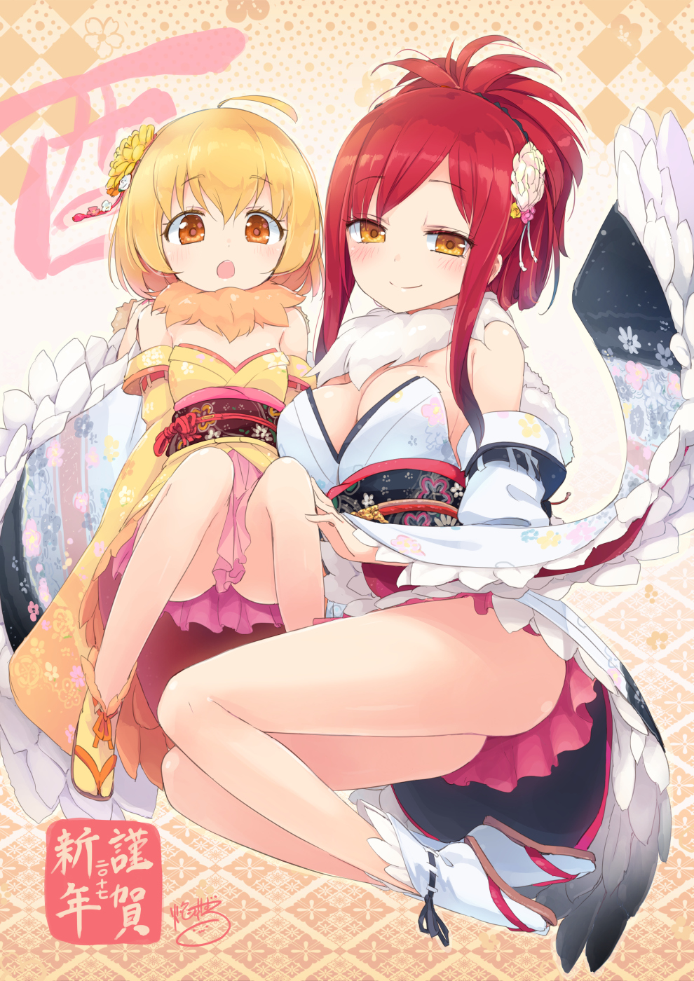 2girls :o ahoge bangs blonde_hair breasts cleavage commentary_request detached_collar detached_sleeves flower folded_ponytail fur_collar hair_flower hair_ornament happy_new_year highres homura_subaru japanese_clothes kanzashi kimono looking_at_viewer multiple_girls nengajou new_year orange_eyes original redhead ribbon-trimmed_legwear ribbon_trim sandals sidelocks signature smile tabi thighs translated wide_sleeves