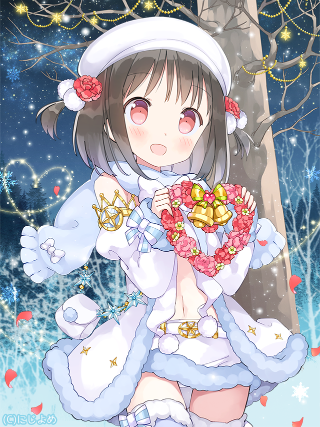 1girl arm_warmers bell belt black_hair blush boots bow christmas_ornaments commentary_request ebisque flower flower_wreath fur_trim hat heart holding midriff miniskirt night night_sky open_mouth petals petite pom_poms pouch red_eyes scarf short_hair skirt sky snowflakes solo star_(sky) starry_sky thigh-highs thigh_boots tree valhalla_valkyries watermark